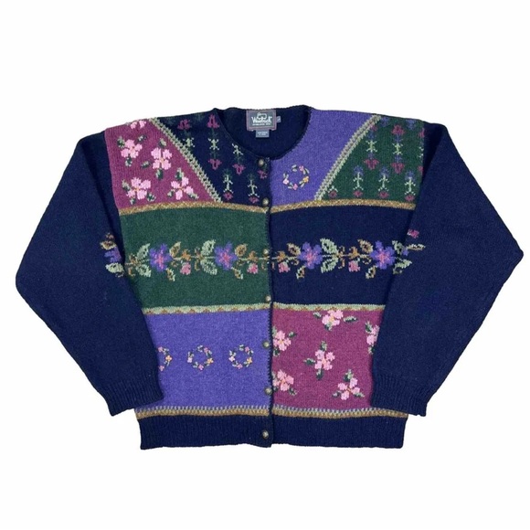 Woolrich Womens Knit Cardigan Wool Sweater Floral Buttons Long Sleeve Sz Large - Picture 1 of 12